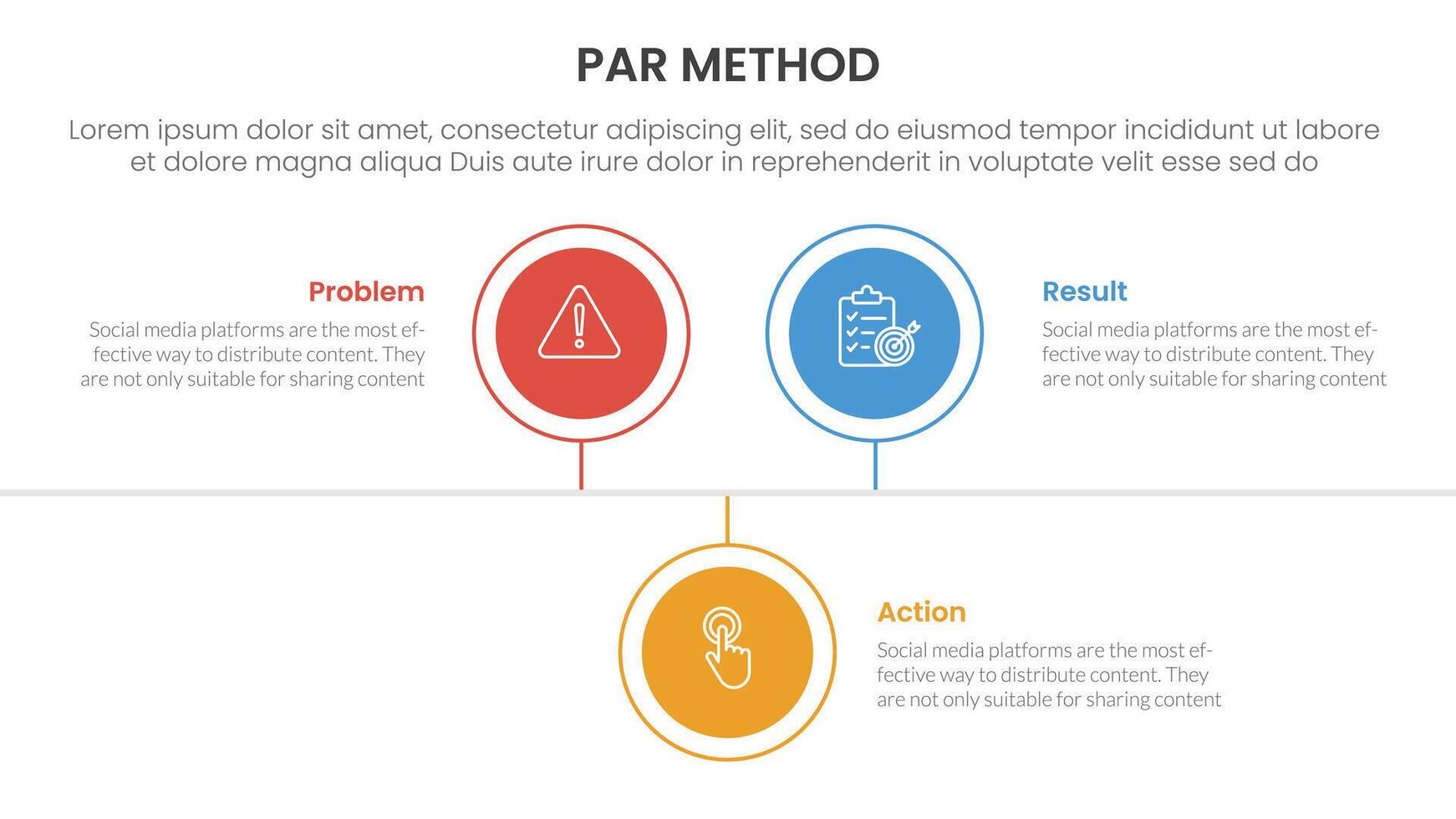 PAR method infographic 3 point with circle timeline right direction up and down for slide presentation vector