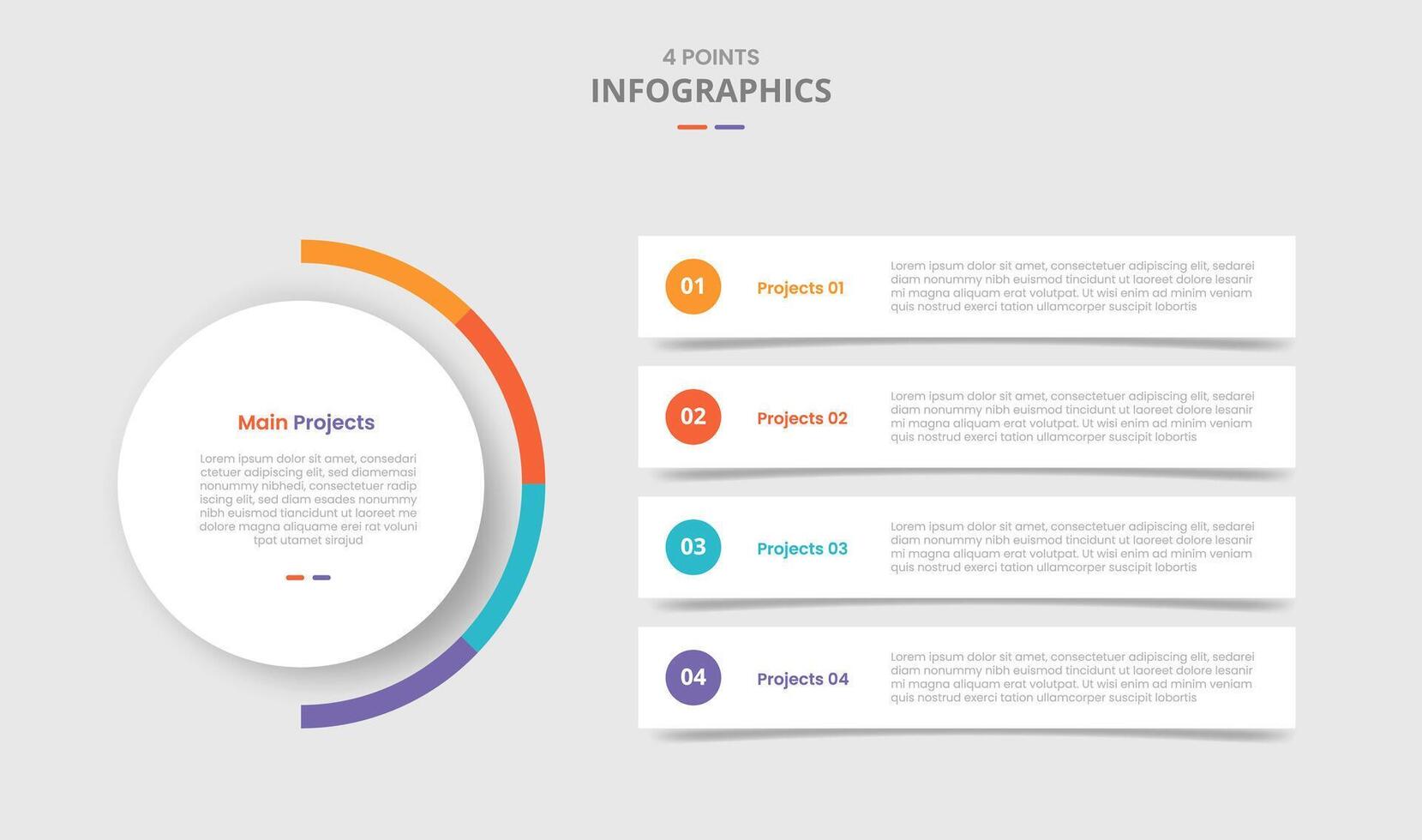 4 points template comparison concept for infographic with main circle and long rectangle box stacked layer with drop shadow style with two point list information vector