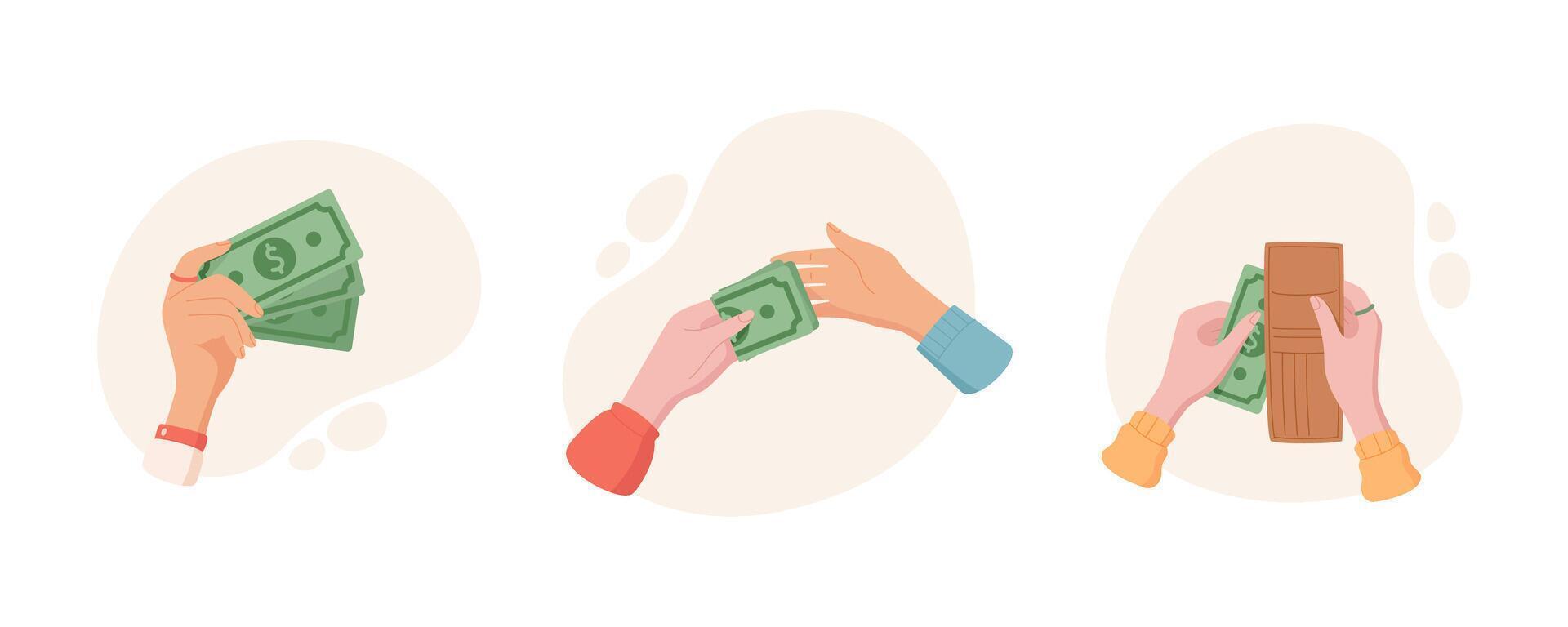Hand hold money and wallet in cartoon set. Cash, banknote, and payment concept, isolated exchange visuals. Perfect for illustrating financial themes economy related designs. vector