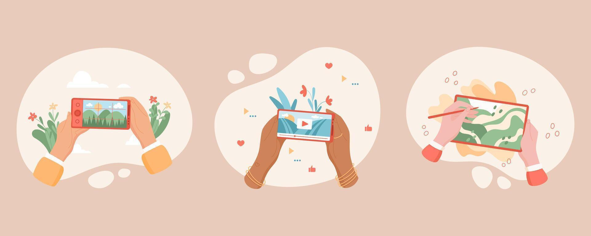 User with smartphone in hand, using media application on screen. Concept of digital technology, communication, social interaction. Flat design, suitable for online platforms and media. vector