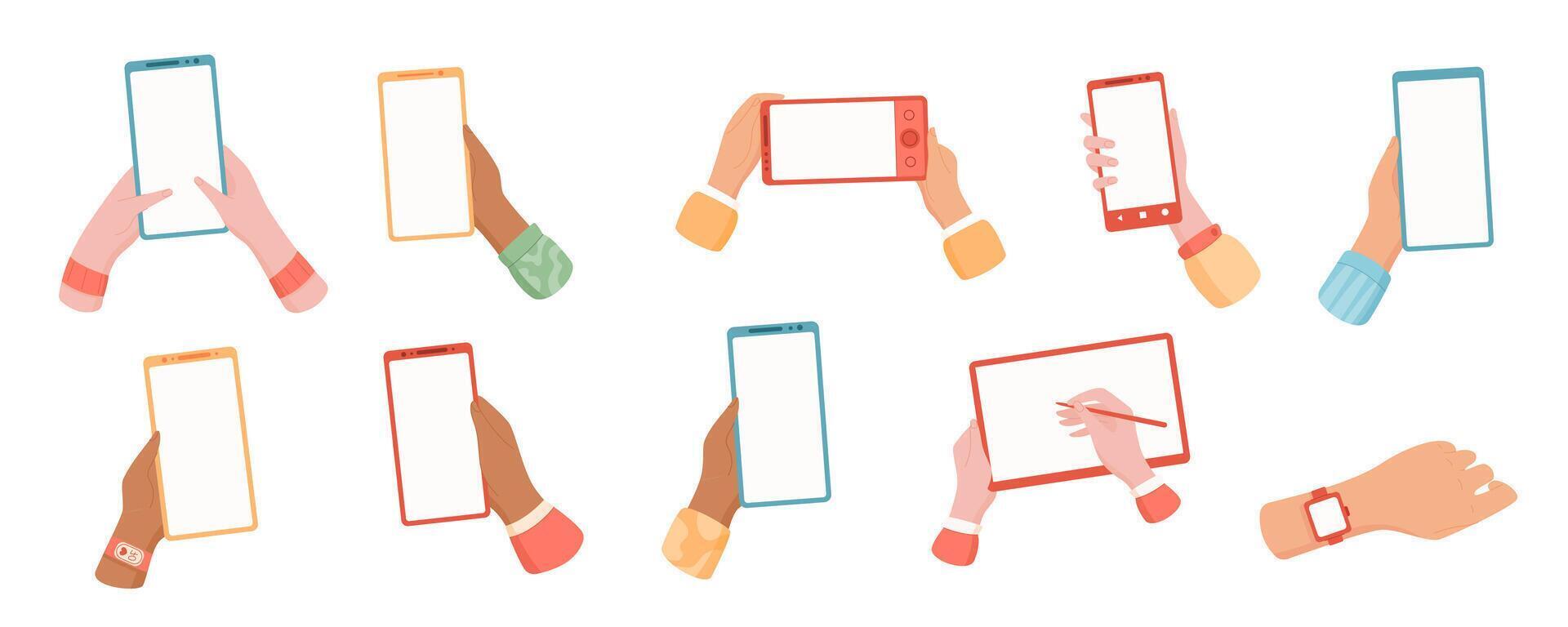 Cartoon hands hold digital devices like smartphone, tablet, and watch. Isolated phone design set with blank screen. Concept of online communication and app use, suitable for digital interfaces vector
