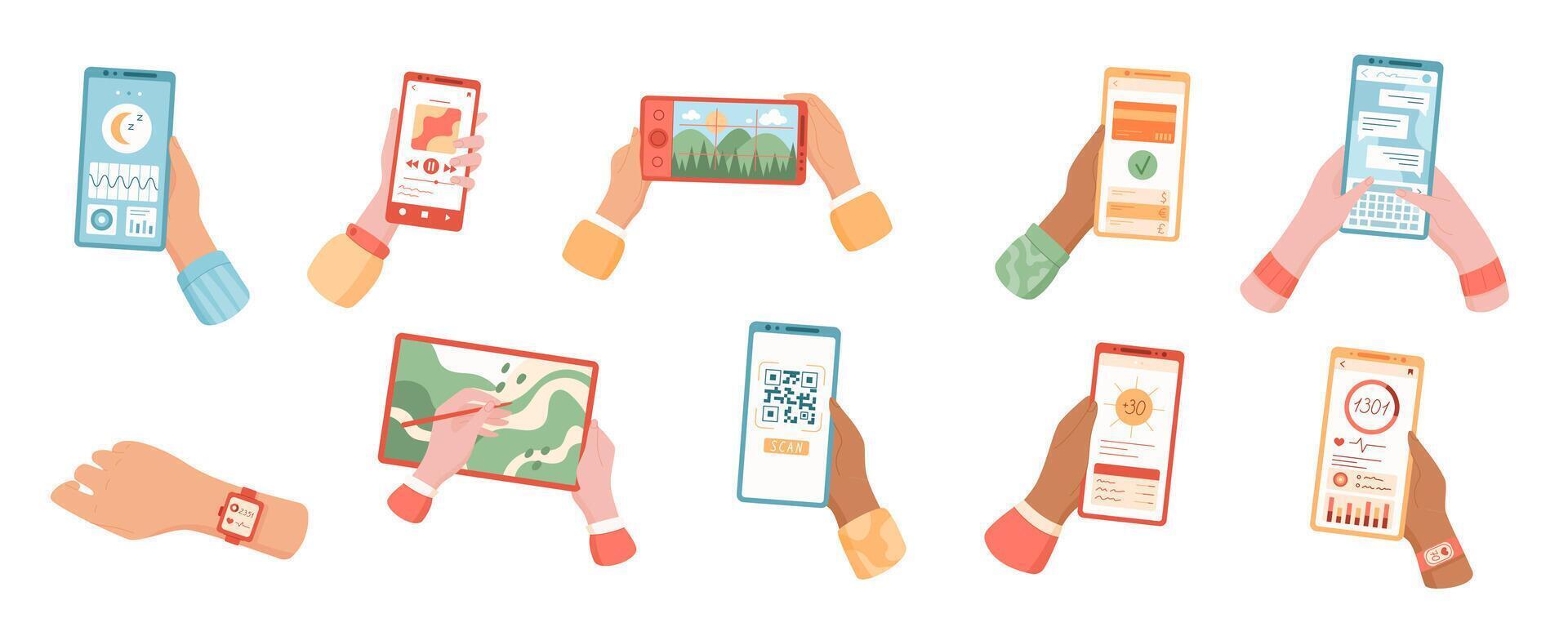 Hands holding mobile phones set, using apps on screens. Users interact with social media and demonstrate gestures. Concept of mobile technology, digital communication, and user design. vector