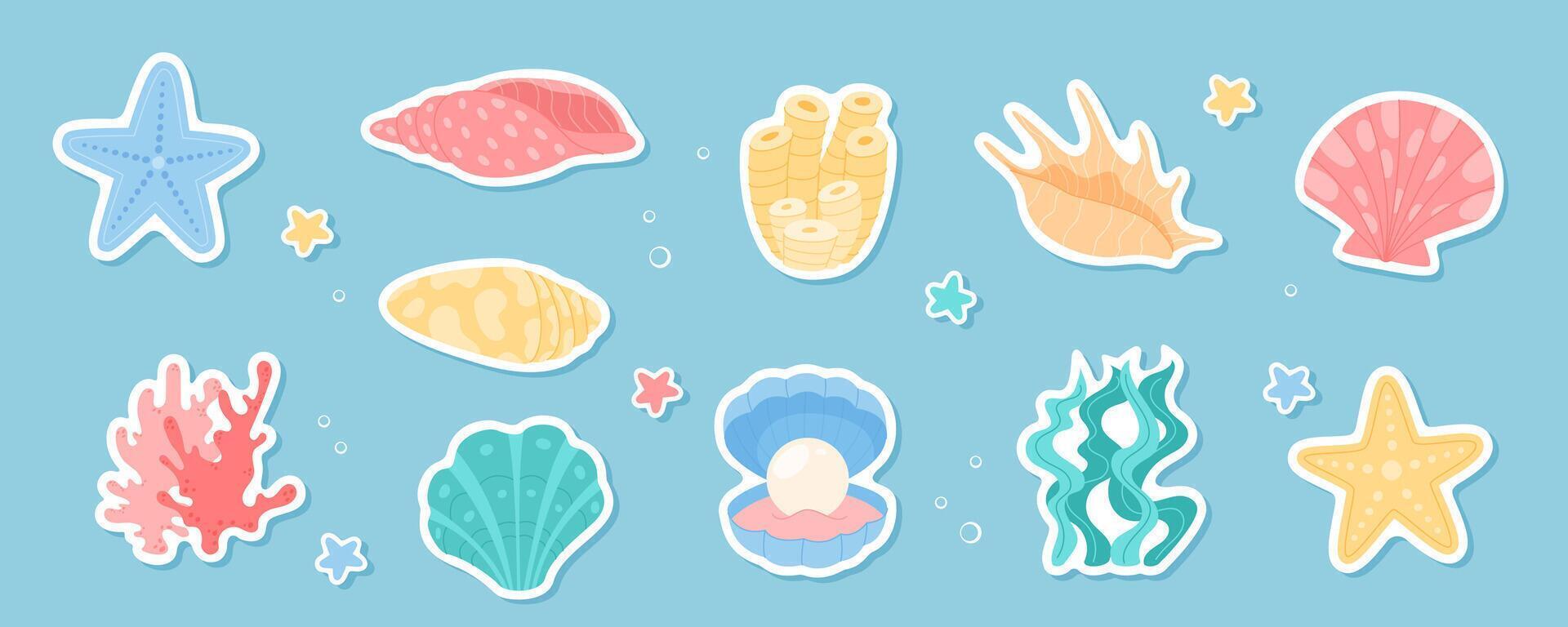 Underwater marine creatures and plants set. Cartoon diverse colorful seashells, corals, kelp, starfish. Ocean reef life aquatic elements isolated on blue. Cute underwater art. vector