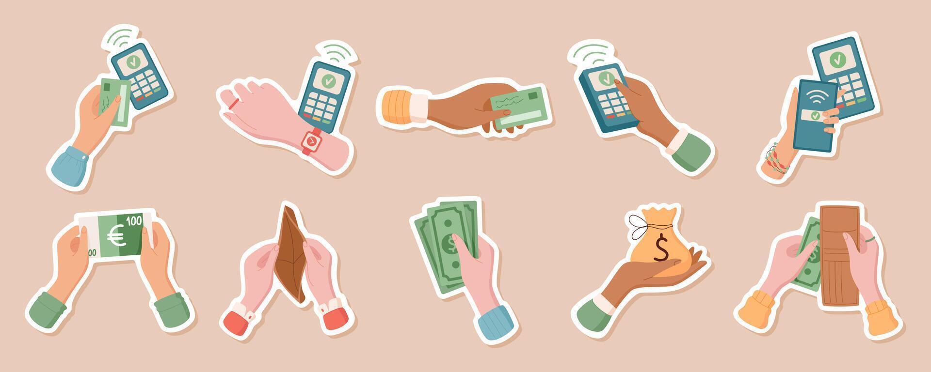 Hand holds money, cash, and card in flat sticker style. Pay with euro, smartphone, and phone in a set. Financial concept with digital economy themes, ideal for business finance graphics. vector