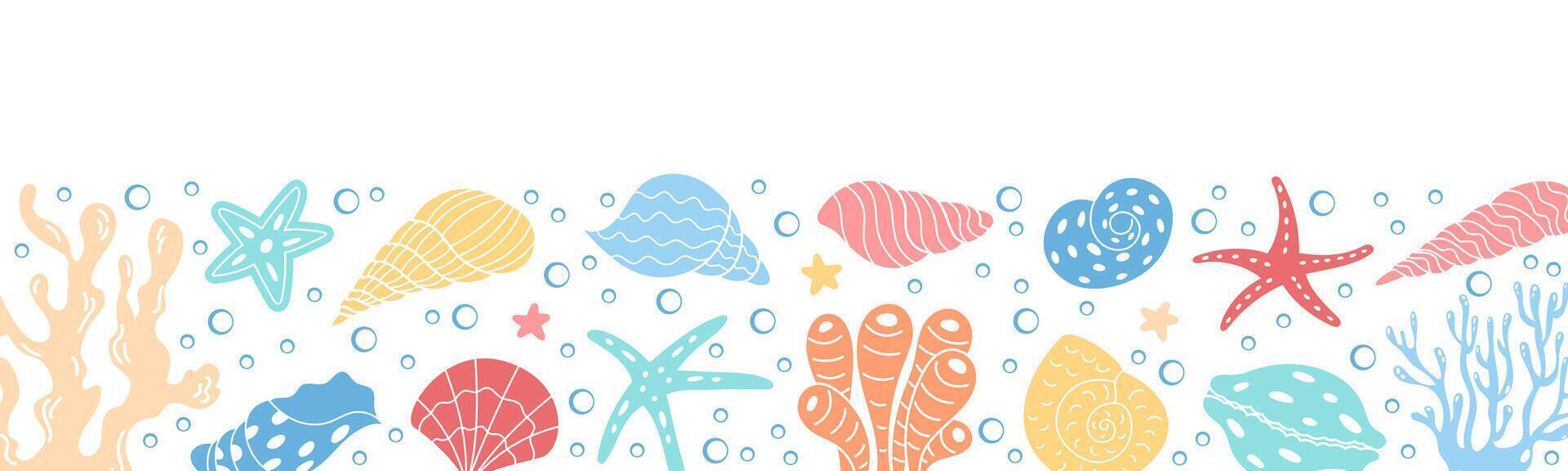 Vibrant seashells and marine life pattern graphic. This underwater design includes various sea elements, creating a colorful ocean reef. Marine creatures in a playful setting. vector