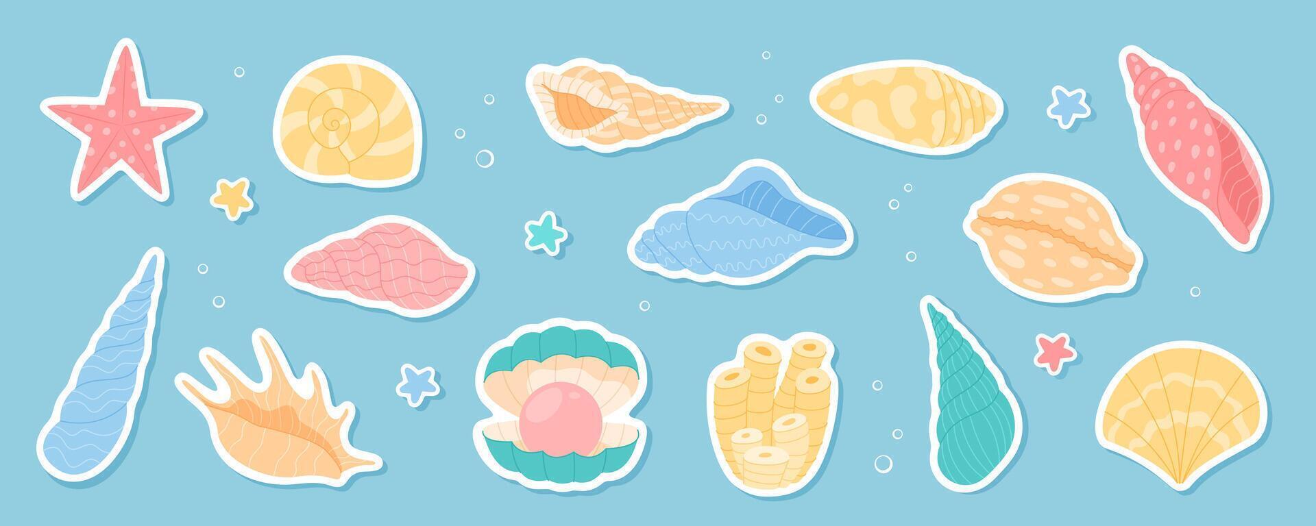 Cartoon shells and sea life. Sticker style colorful seashells, starfish reef underwater marine creatures set in ocean plants. Isolated elements on a blue background. vector