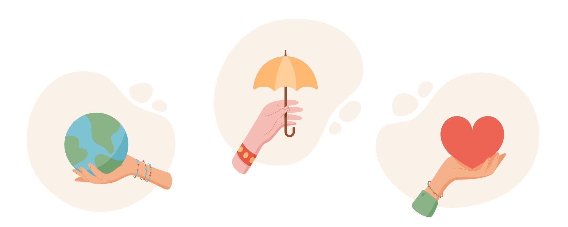 Hand hold heart, globe, and umbrella in this flat cartoon illustration. Gesture of care and protection, isolated icon set. Concept of charity, world safety, insurance. Ideal for educational materials vector