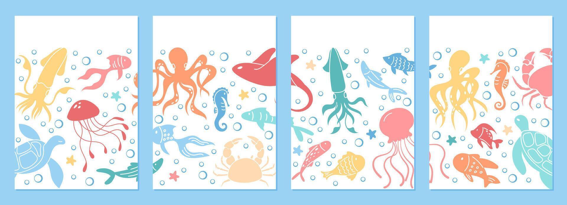 Postcard design with colorful underwater animals like jellyfish, octopus, and sea turtle. Ocean creatures in vibrant water reef color life, part of sea aquatic graphic template set. vector