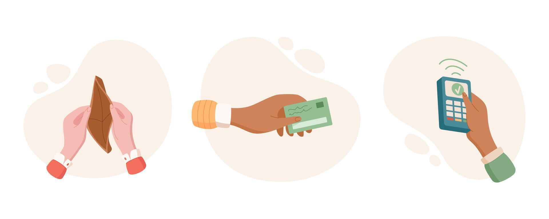 Hand holds card and phone for digital pay and transfer, representing wallet exchange in flat icon set. Concept of modern finance economy, ideal for business visuals. vector