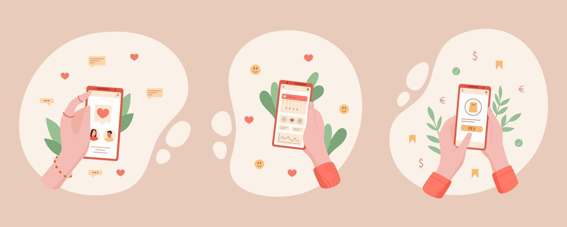 Set of hands holding smartphones displaying various apps for media, chat, and payment services. Digital phone cartoon design highlighting online interaction and communication. Ideal for modern graphic vector