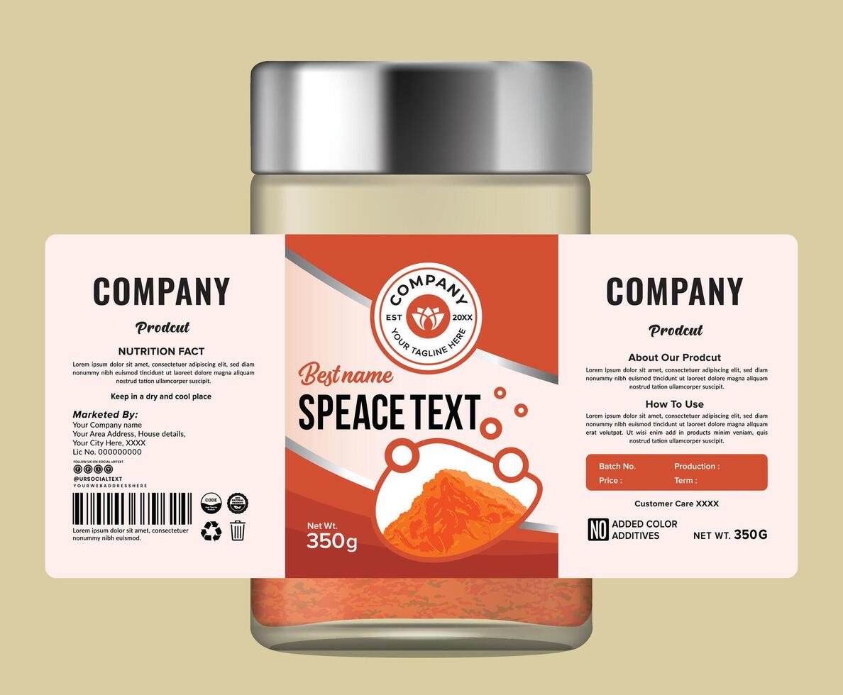 Eye-catching and modern organized food label design template with editable text, and nutrition facts. Suitable for spice packaging, ideal for spice and dry food product branding. vector