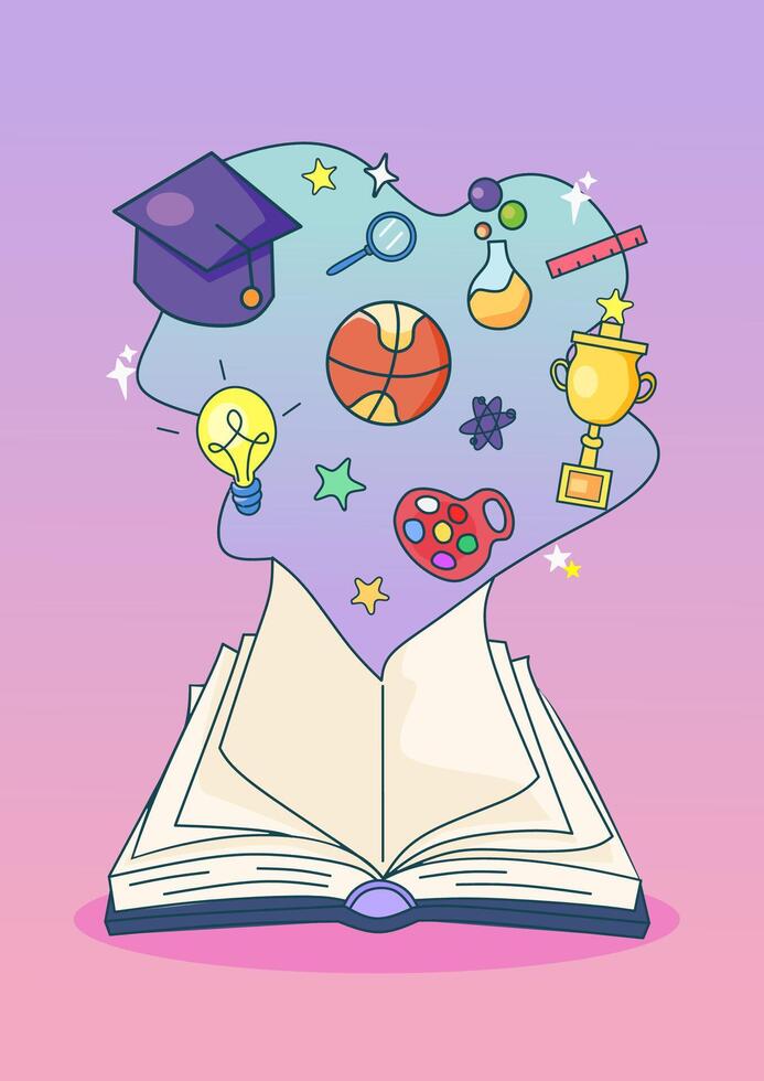 Illustration of an Open Book with Education and Science Symbols in a Colorful Style vector