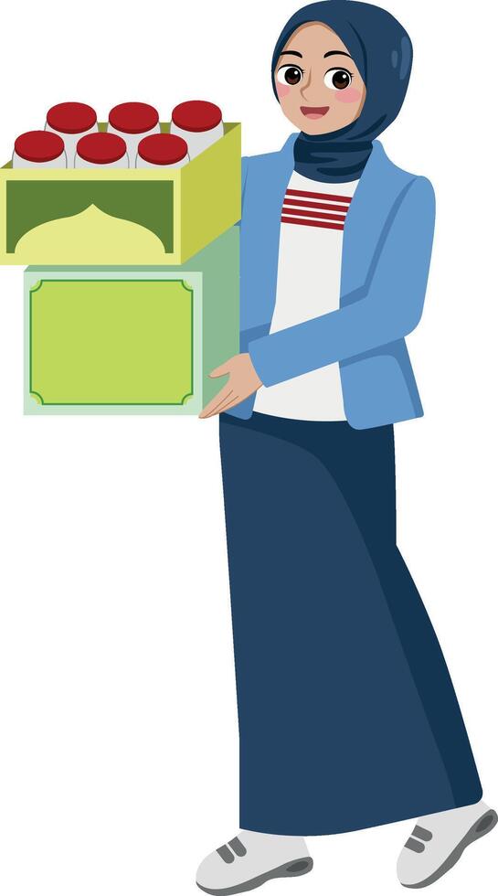 moslem girl bring box of cookies vector