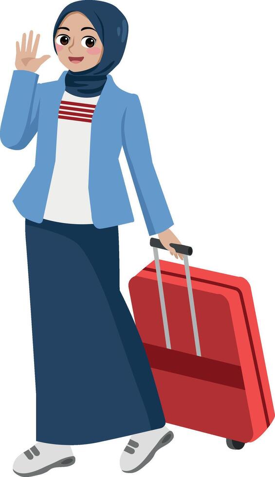 moslem woman waving with suitcase vector