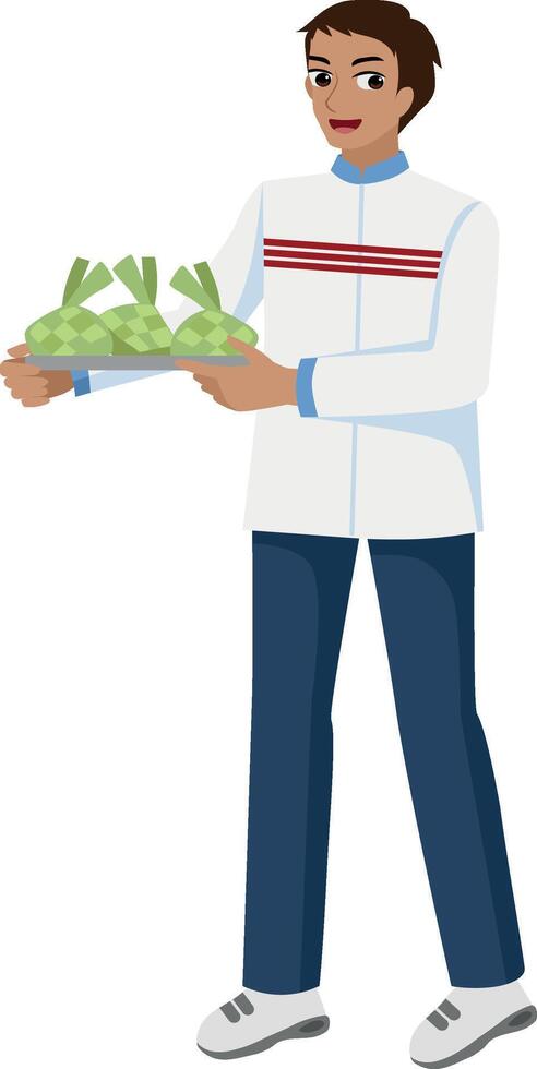 moslem man bring ketupat rice vector