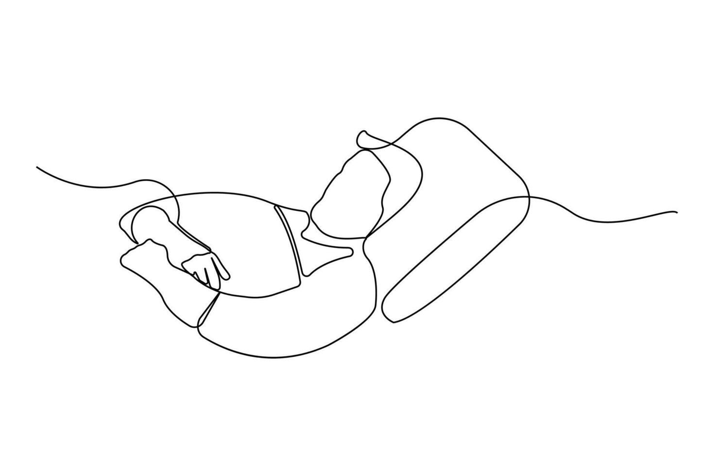 World sleep day concept line art drawing. Young man sleeping on bed continuous outline on white background vector