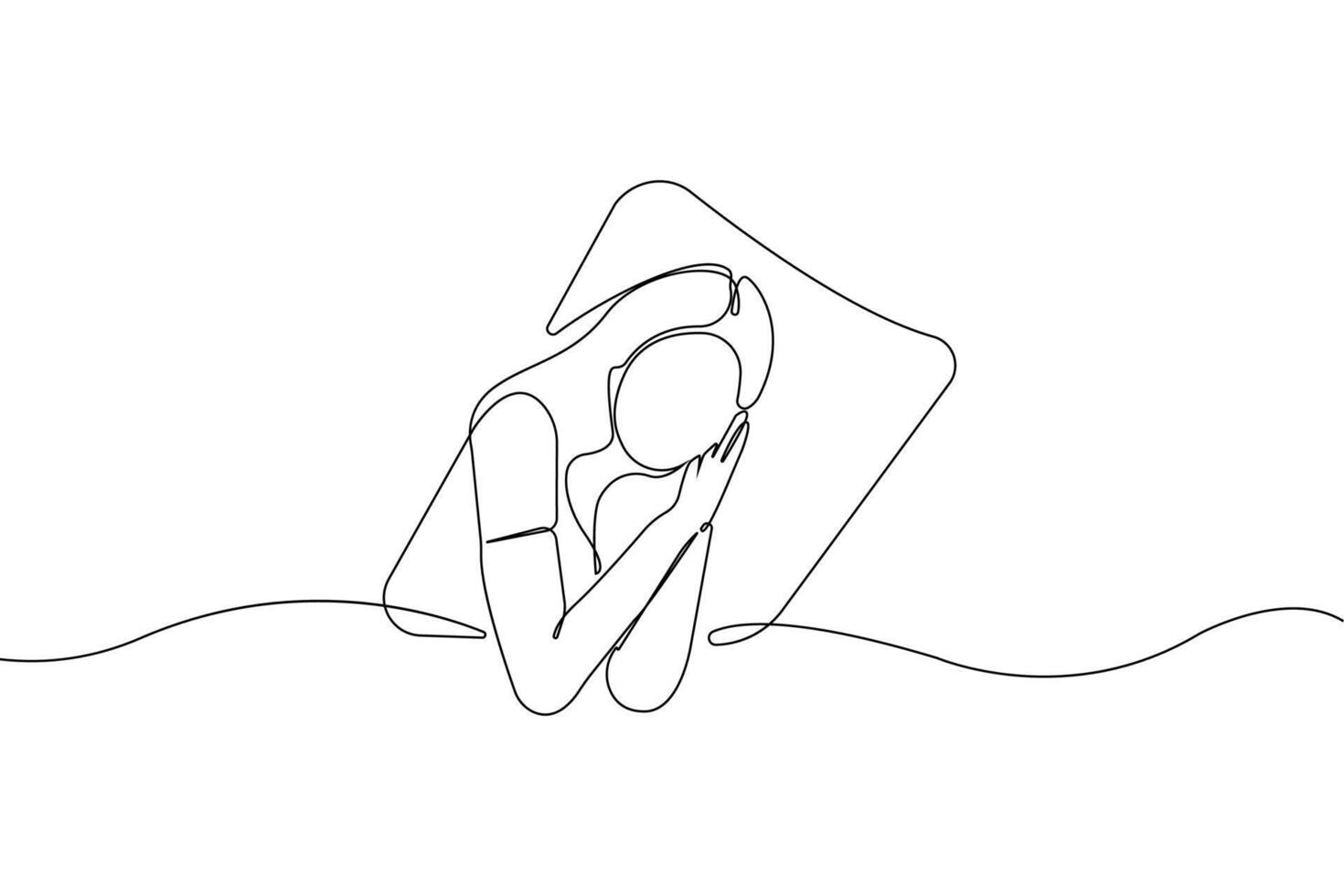 World sleep day concept line art drawing. Woman sleeping on bed continuous outline on white background. vector