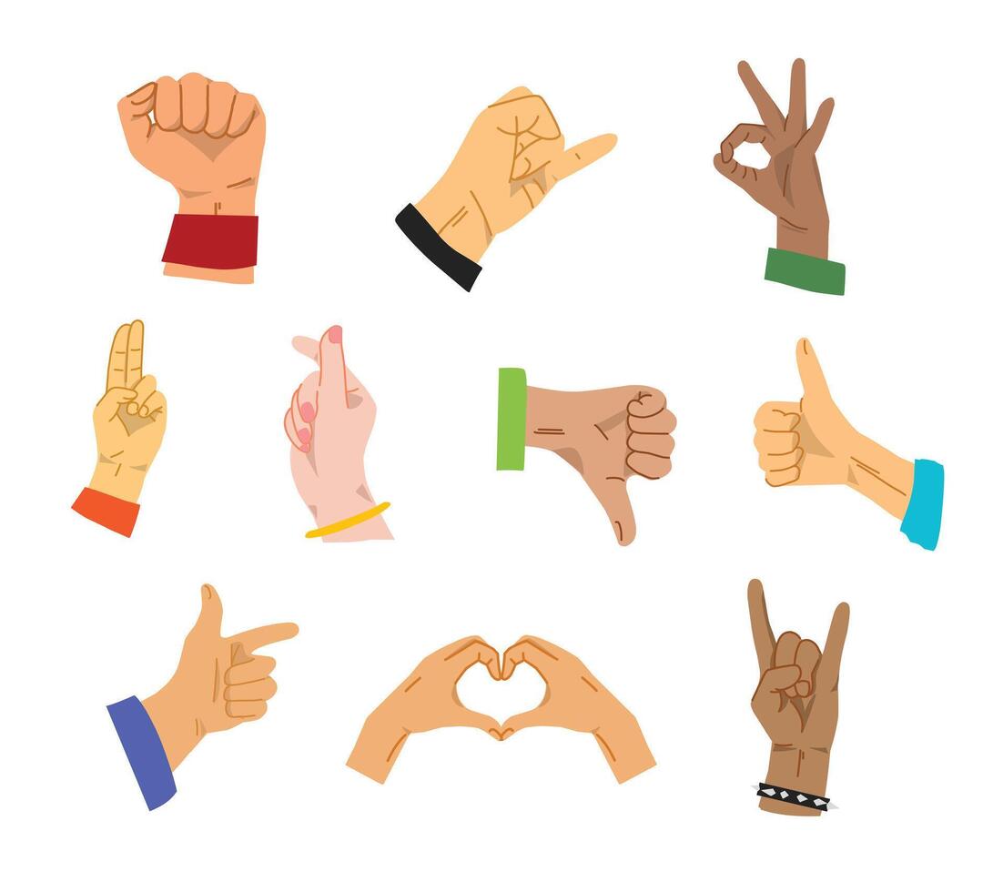 A diverse collection of hand sign gesture illustrations, showcasing various poses like thumbs up, and peace signs, represented in multiple skin tones, for social media graphics and project design vector
