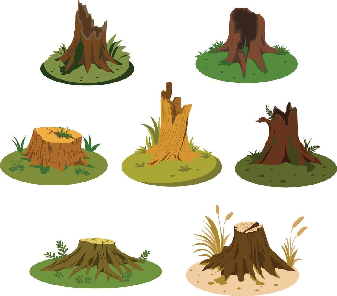 A collection of sliced tree stump illustrations with grass, moss, and plants. Perfect for nature backgrounds, eco designs, and forest scenes. vector