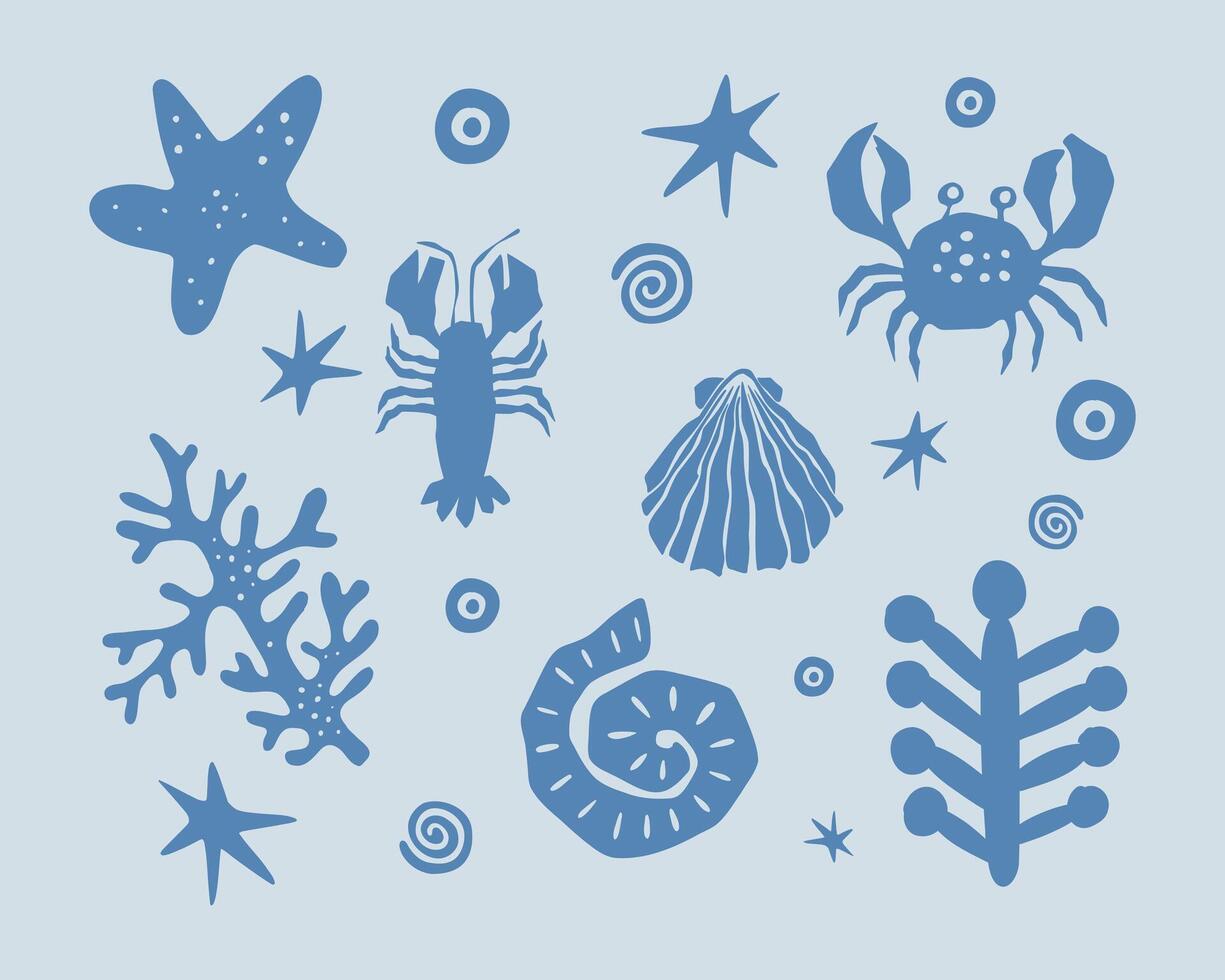 Marine life illustration pattern coral, crap, shell, shrimp, starfish, deep sea background layout silhouette print art editable vector