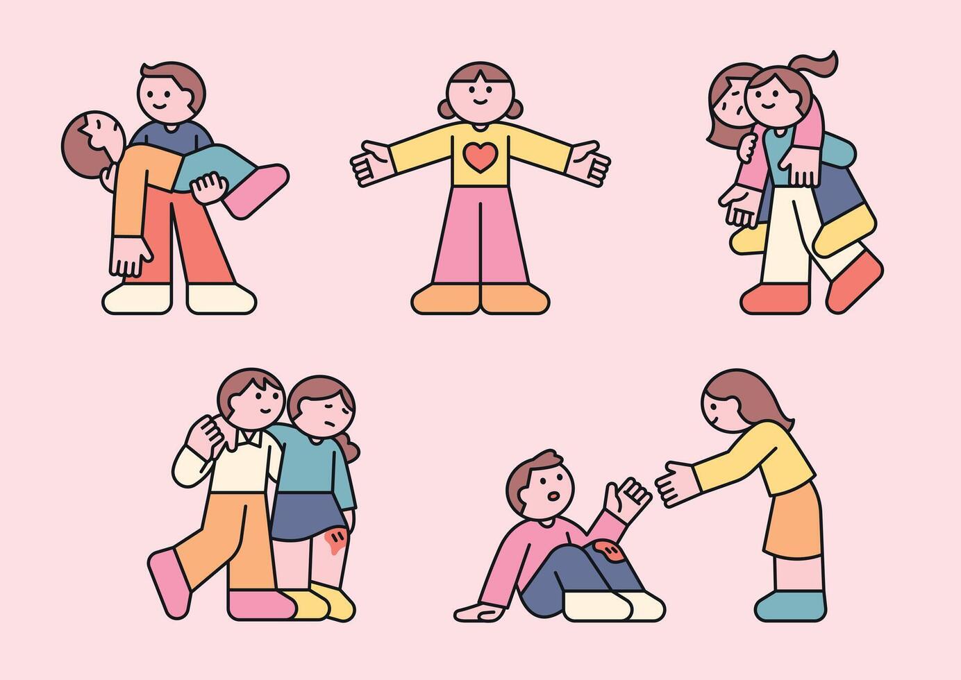 Cute cartoon illustration of people helping each other in various situations. Concept of kindness, support, first aid, and friendship. vector
