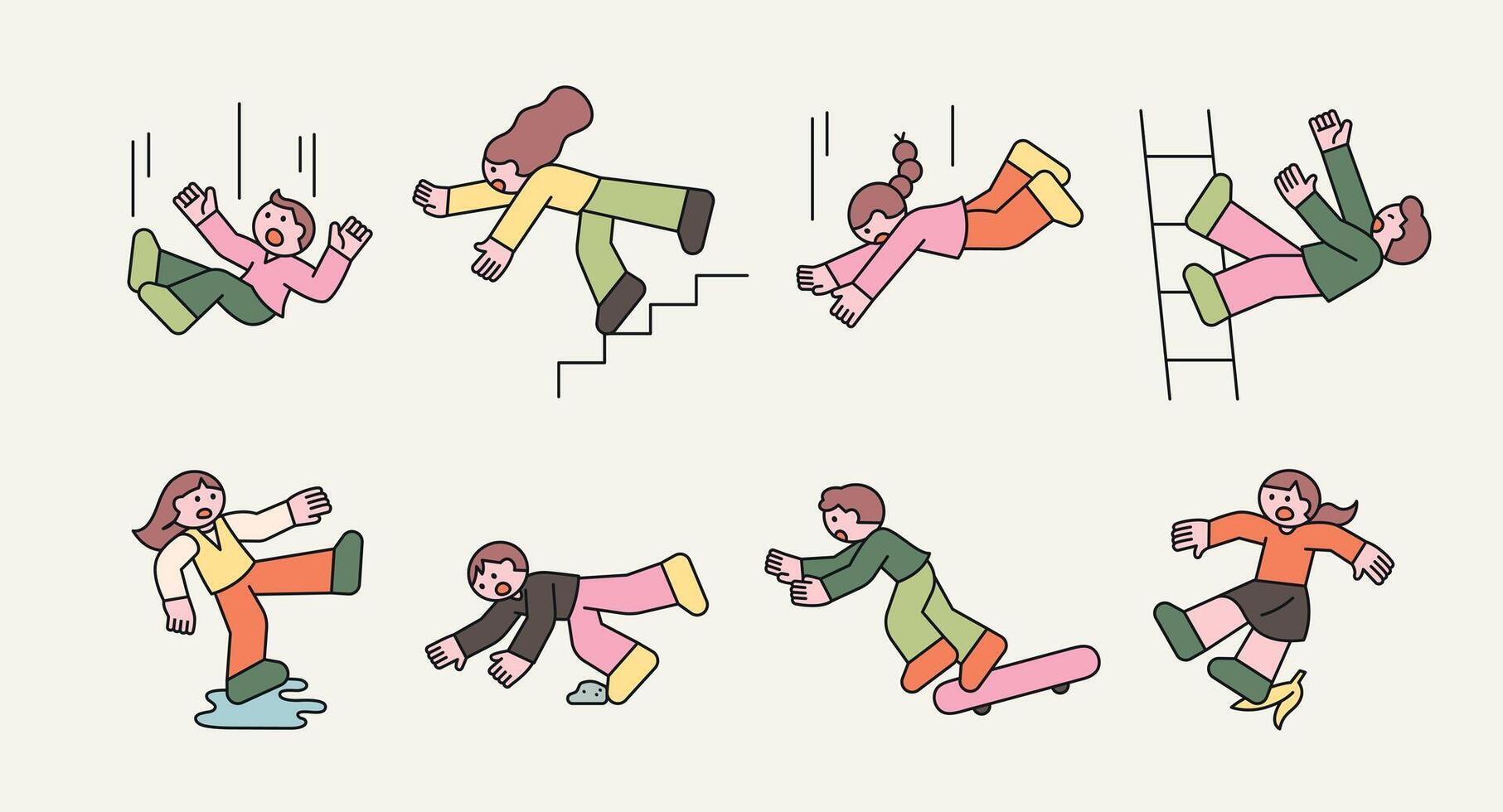 Funny and dynamic cartoon illustration of people falling in various situations, including slipping, tripping, and losing balance. Concept of accidents, danger, and caution. vector