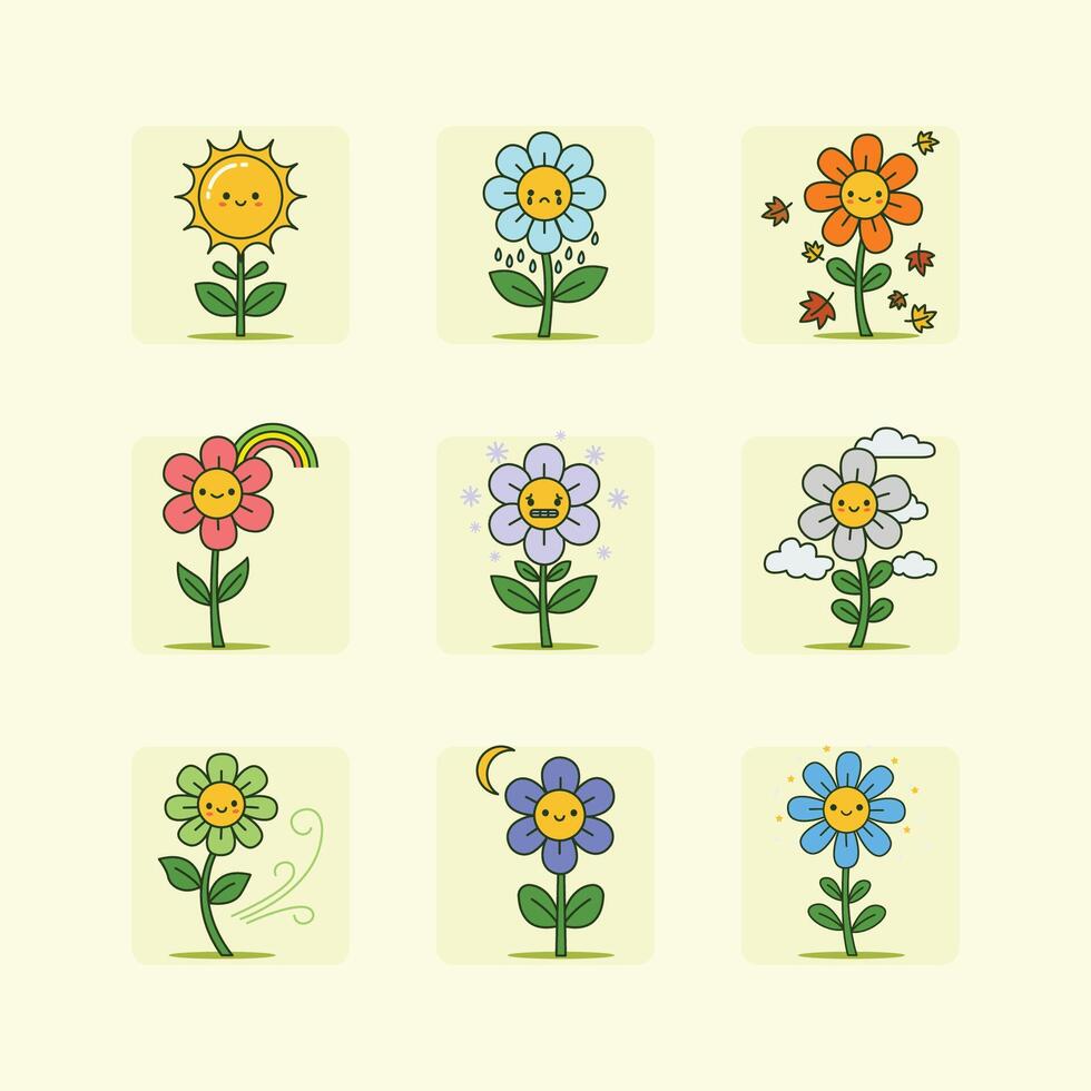 Nine simple and cute cartoon flowers, each representing a different season or weather. vector