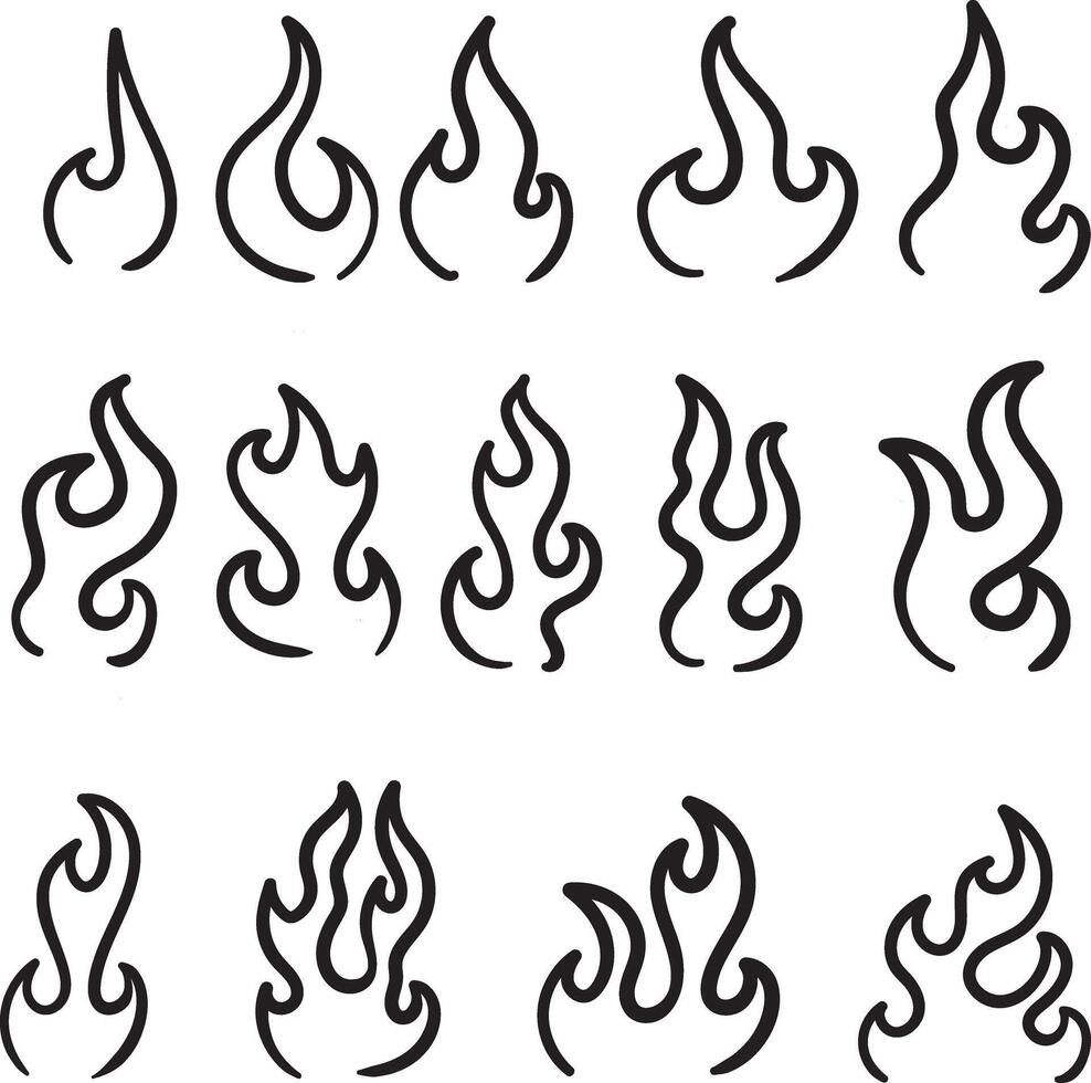 Flames set collection fire burn symbol design elements - simply sketch line style - for icon, sign, symbol, asset, tattoo design vector