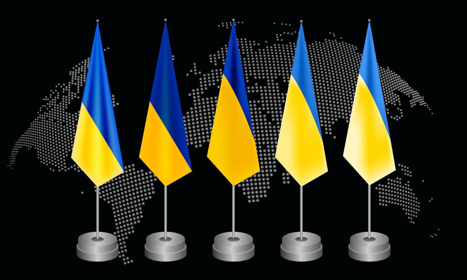 Ukraine flag displayed on a flagstaff representing the countrys strength and dotted world map vector