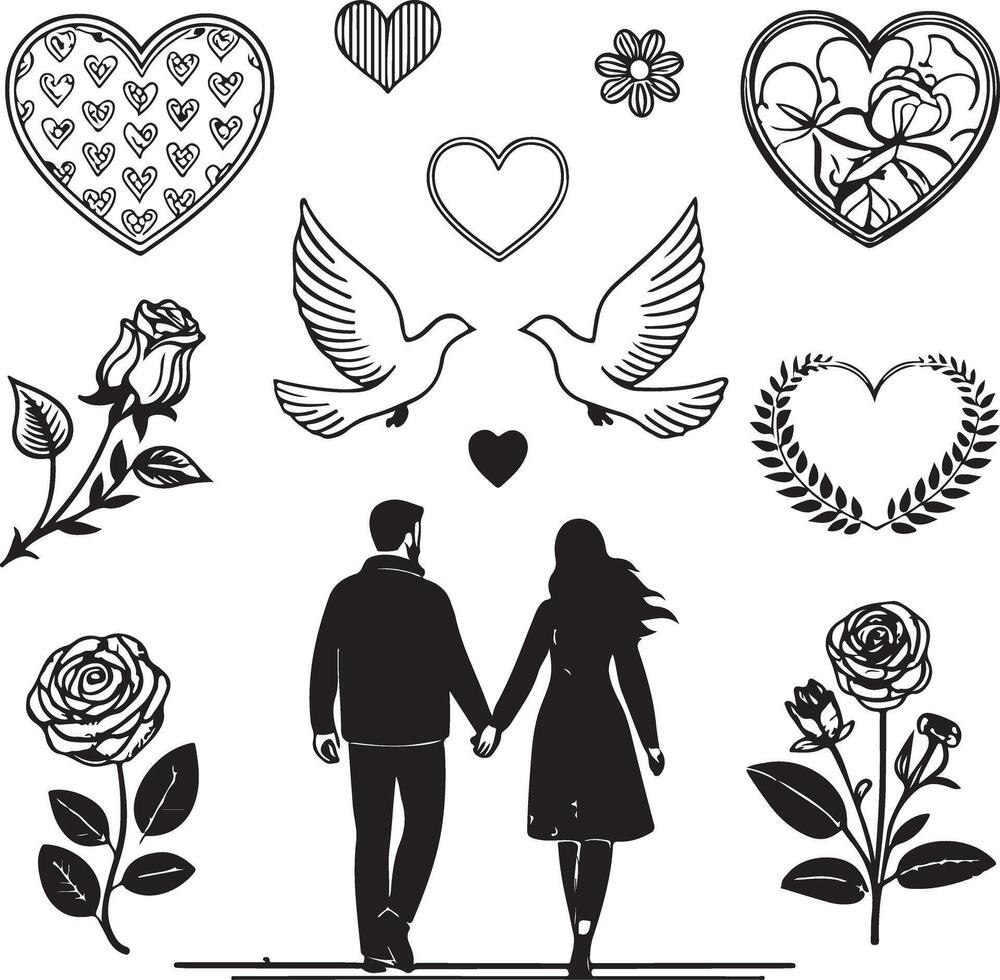 Essence of Love Black Line and Fill Icon Set vector