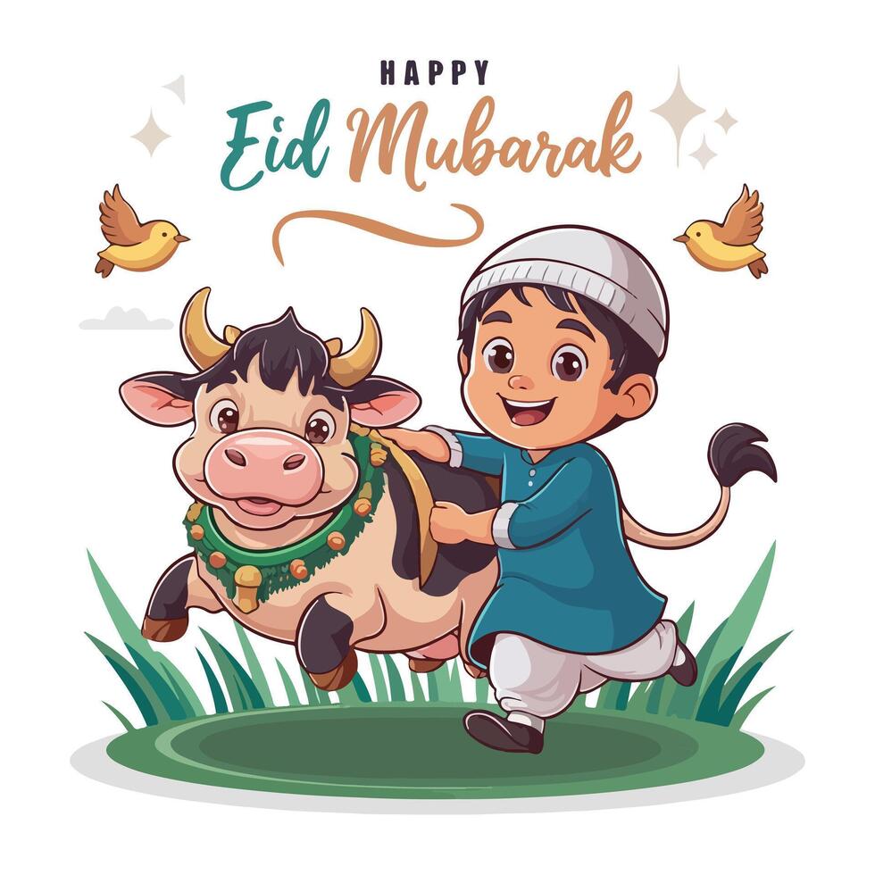 Traditional Eid al-Adha Illustration Boy with Cow Festival Theme vector