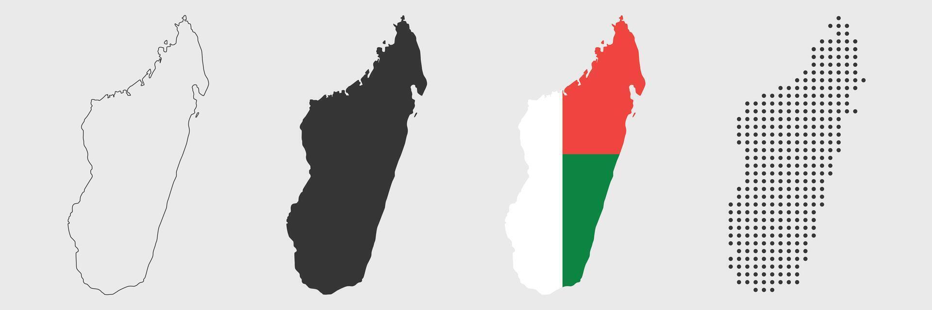 Madagascar map in various style outline, grey, flag color, dotted vector
