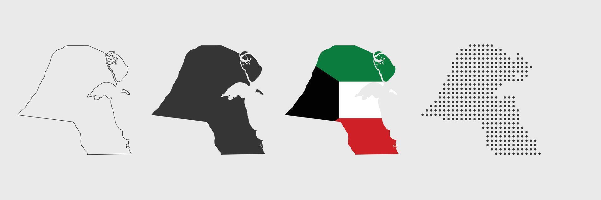 Kuwait map in various style outline, grey, flag color, dotted vector