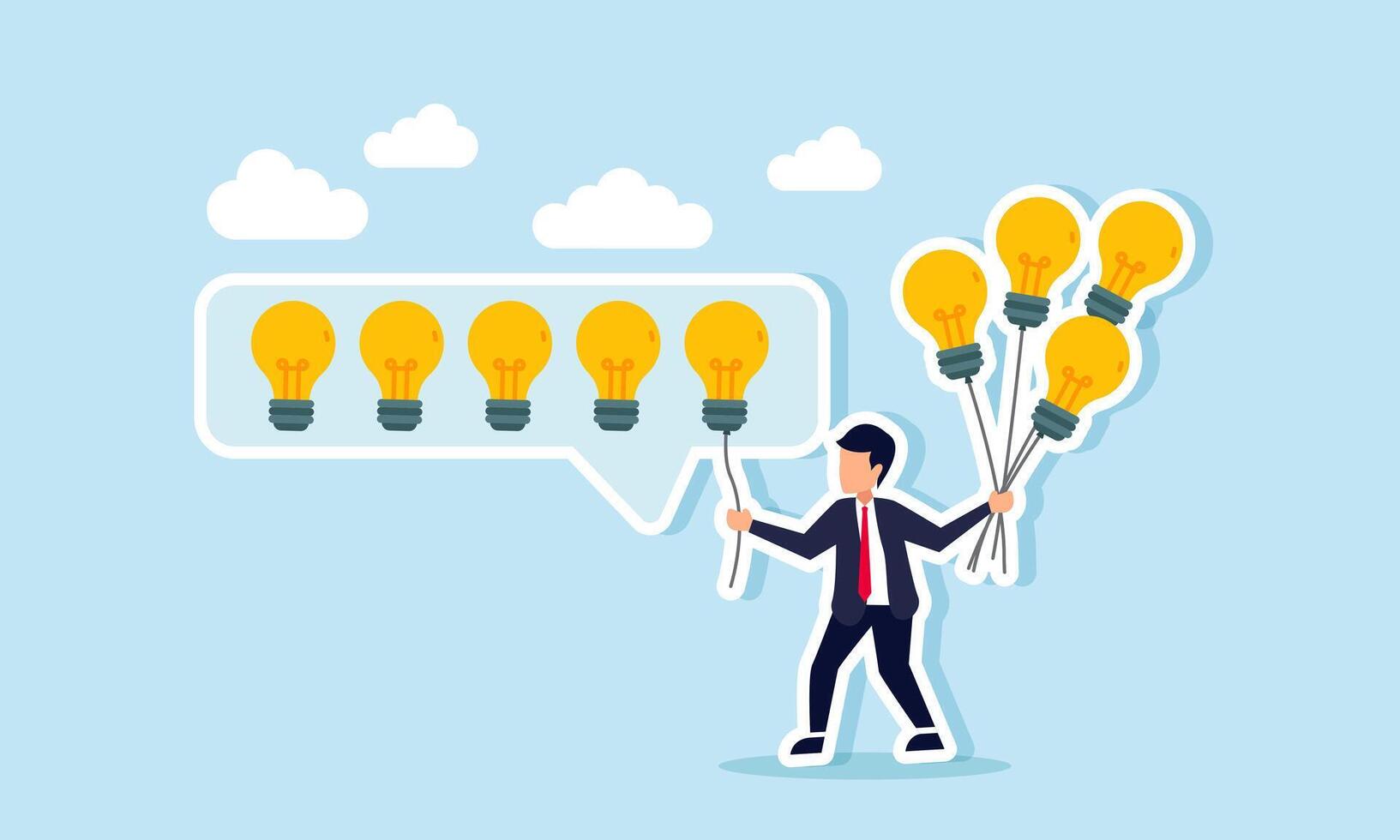 Businessman carries several lightbulb-shaped balloons, placing one among lightbulbs, illustration of completing or the final part of business ideas and innovation vector