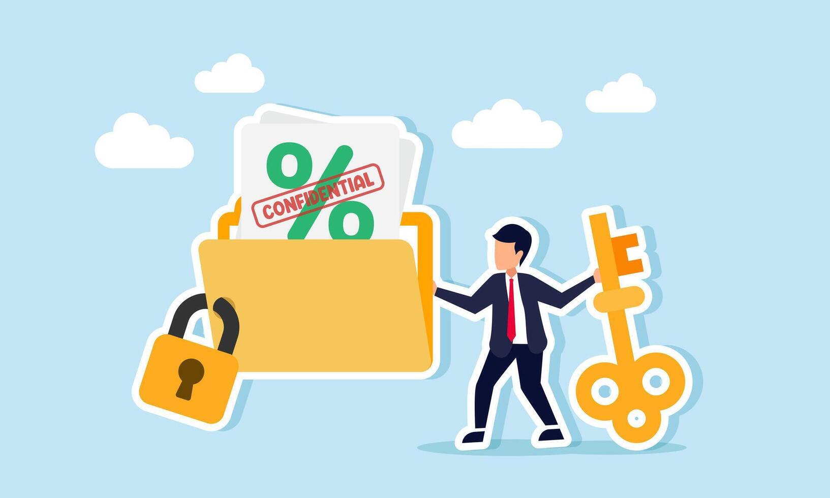 Businessman holds a key stand beside a locked percentage-labeled document folder marked CONFIDENTIAL, illustration of market share or business profit document confidentiality vector