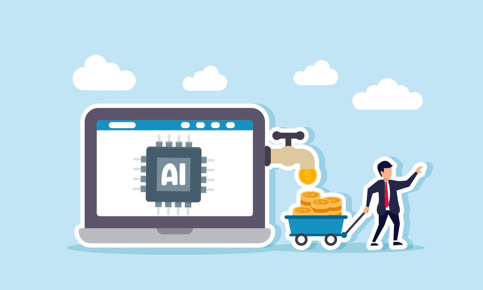 A businessman pushes a shopping cart carrying dollar coins flowing from a faucet attached to a laptop screen displaying an AI chip, illustration of profit from precise AI utilization vector