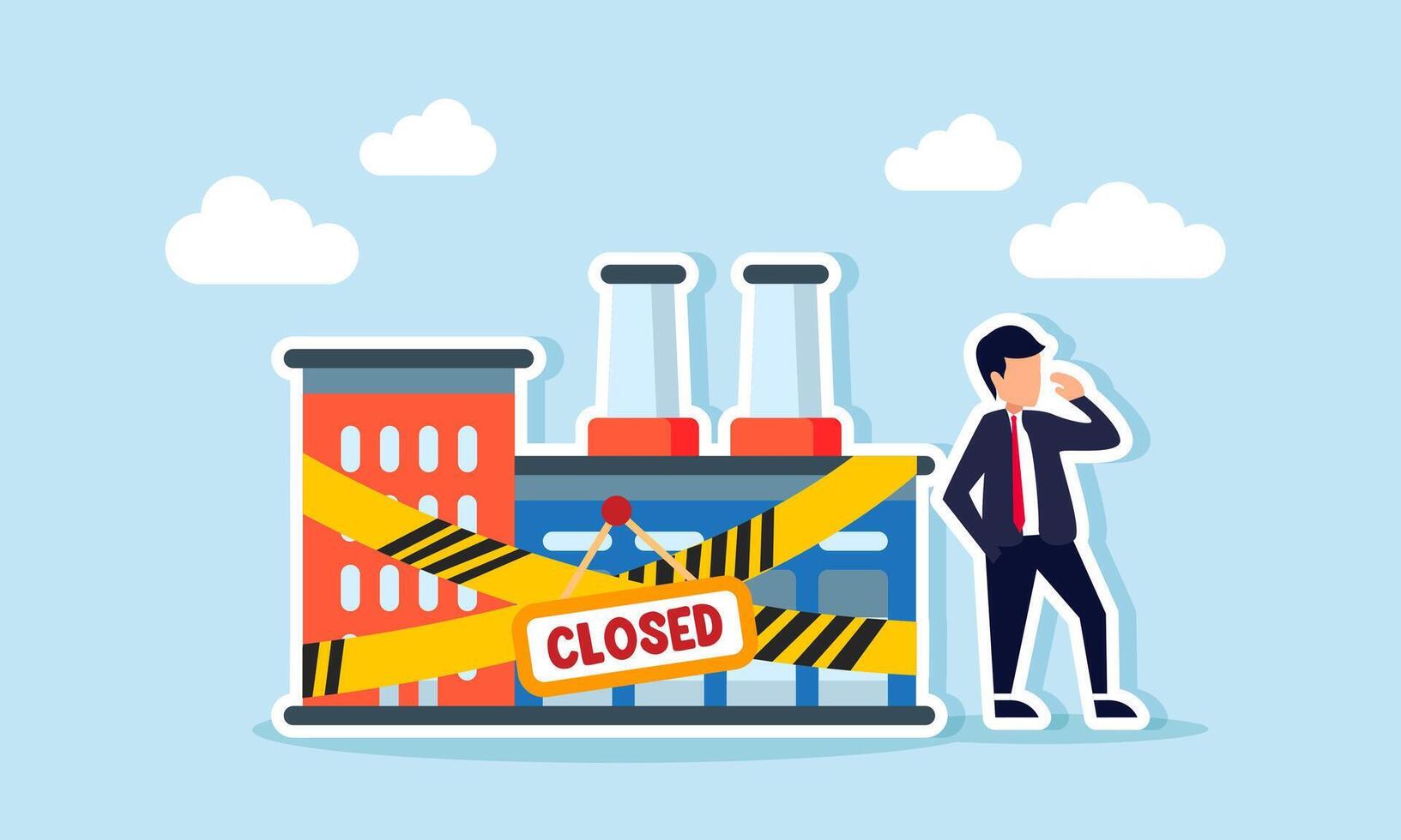 A businessman stands beside a factory sealed with barricade tape and a sign labeled CLOSED, illustration of business bankruptcy leading to factory seizure vector