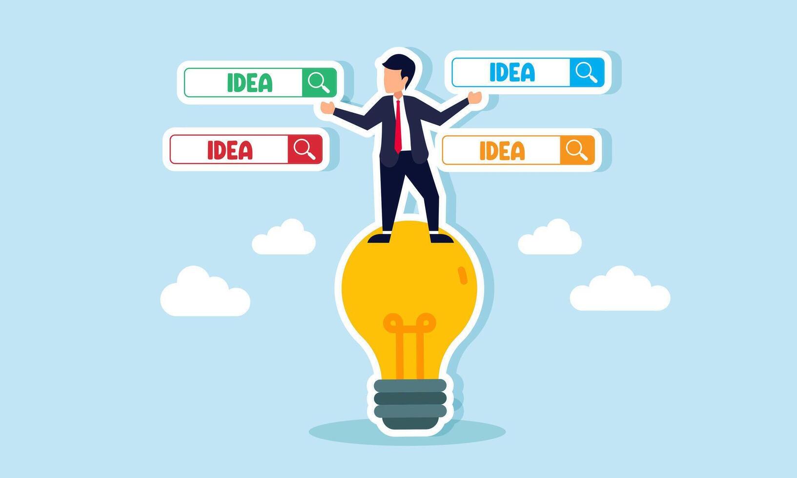 A businessman stands on a lit lamp surrounded by search engines labeled IDEA, illustration of suggestions on various business ideas and innovations vector