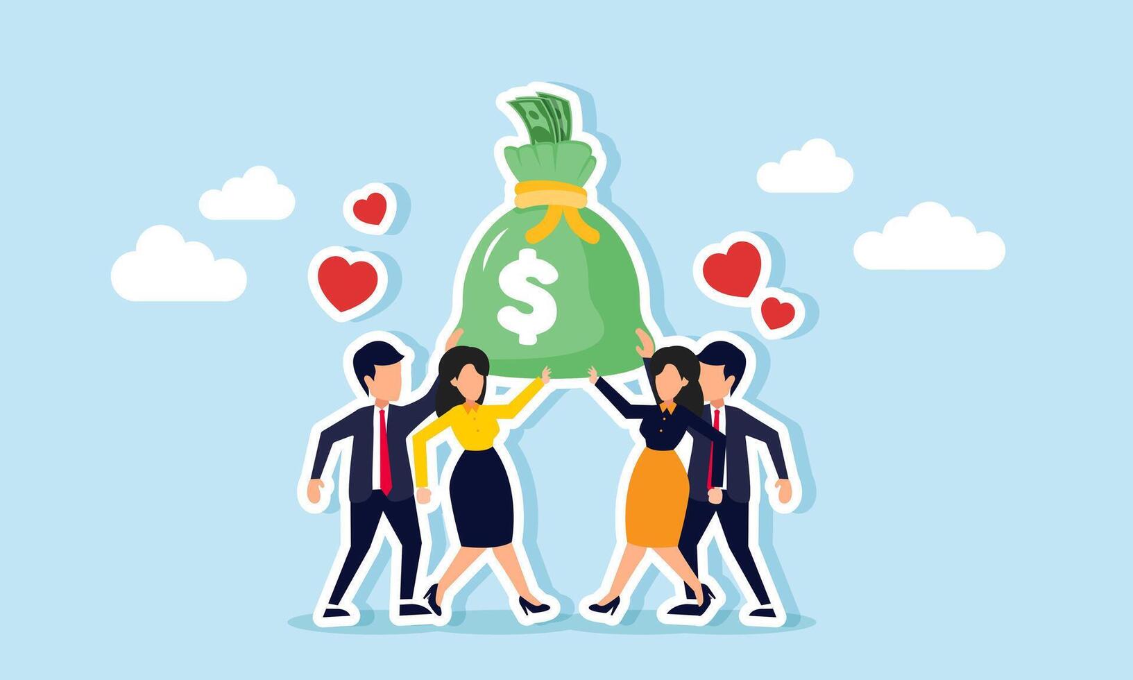 Businesspeople work together to lift a money bag surrounded by love symbols, illustration of passion at work vector