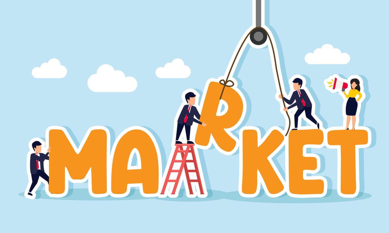 Businesspeople collaborate to arrange text spelling MARKET, illustration of collaboration and teamwork in business to build a strong market vector