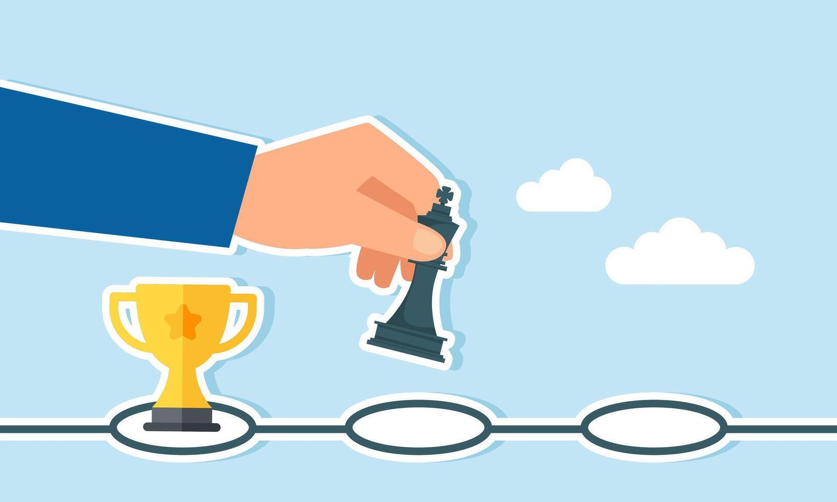 A hand moves the king chess piece to the next step, leaving a trophy on the previous step, illustration of a new chapter for a leading company in another business sector vector