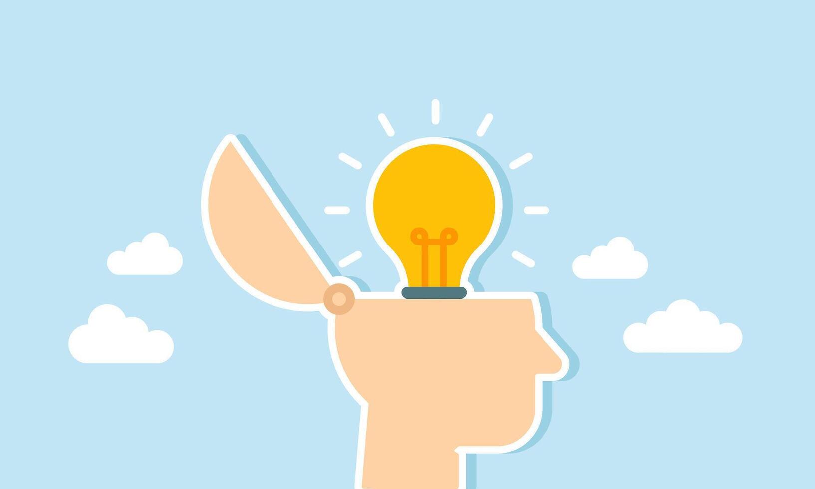 A head with a lit lamp inside, illustration of a creative mindset in generating ideas and innovation vector
