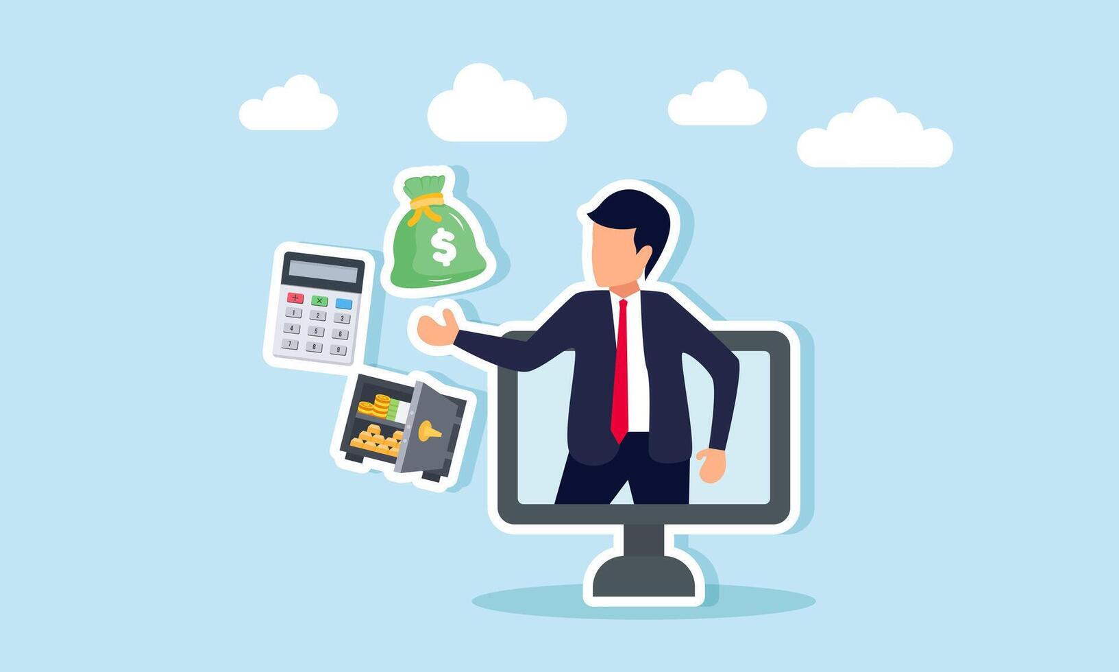 Businessman emerges from a monitor, presenting a money bag, calculator, and abacus, illustration of proper business financial management advice vector