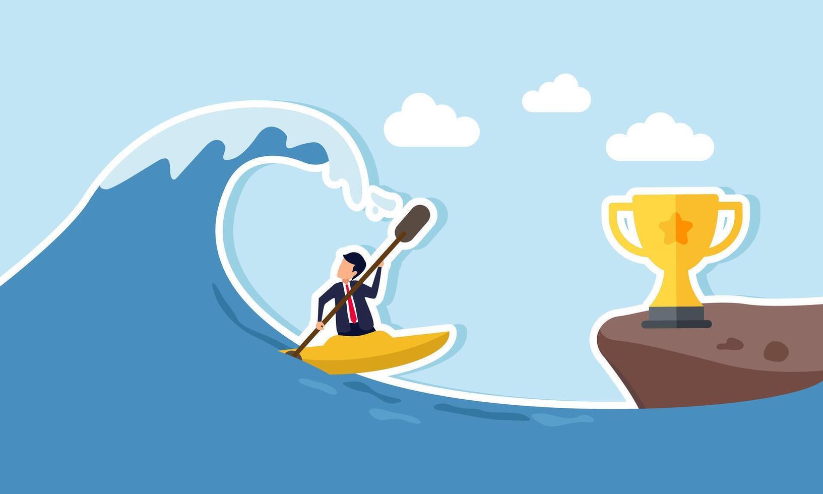 A businessman paddles a canoe, trying to avoid a big wave behind him to reach land with a trophy, illustration of overcoming challenges to become a leading company vector