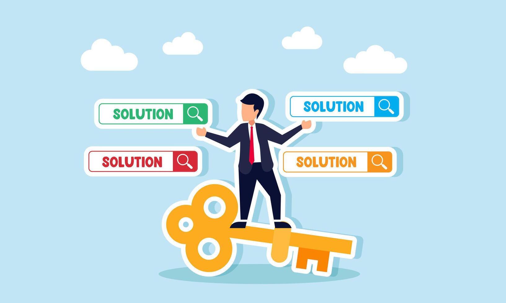 A businessman stands on a key surrounded by search engines labeled SOLUTION, illustration of suggestions related to business solutions vector