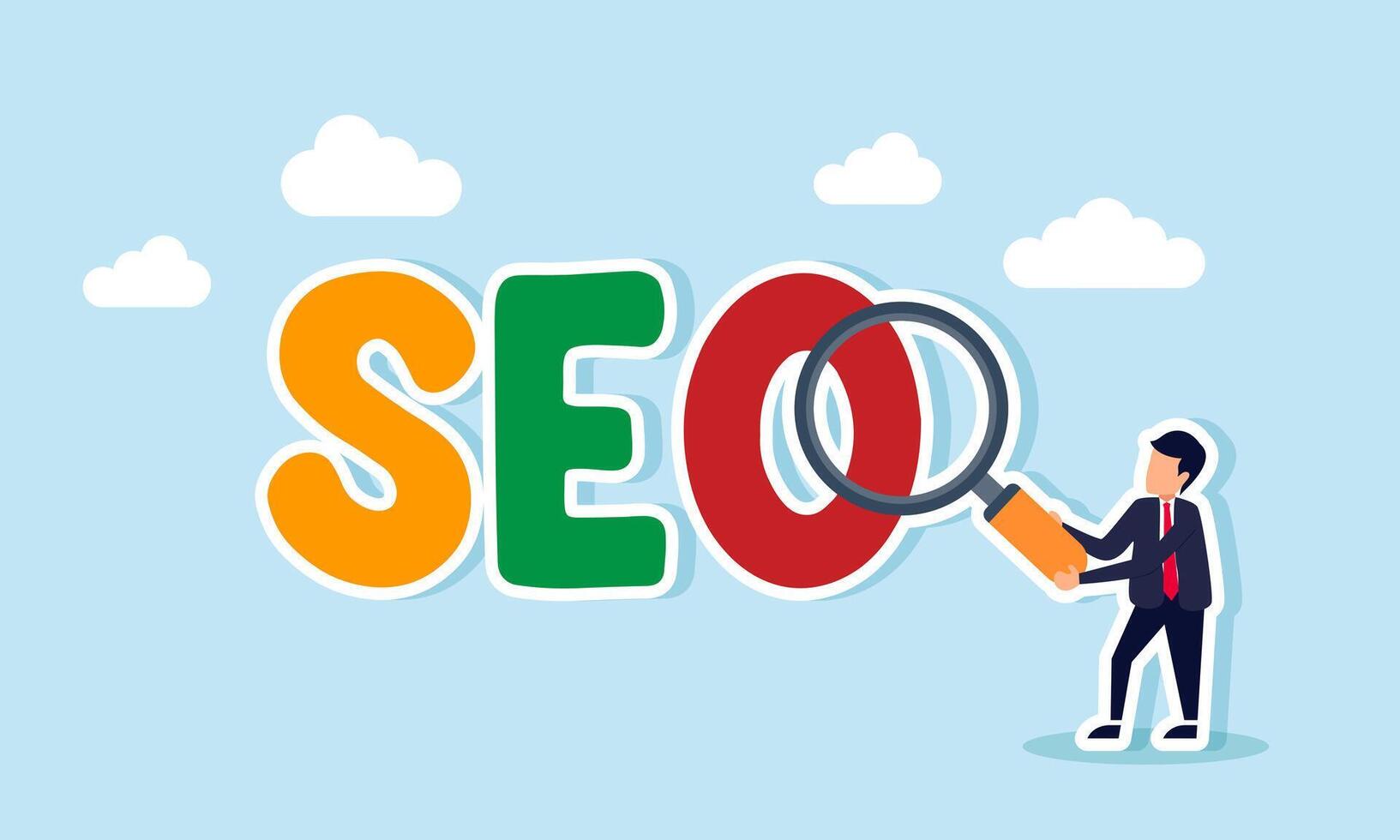 A businessman examines and researches SEO text using a magnifying glass, illustration of SEO performance analysis and evaluation to boost business sales vector