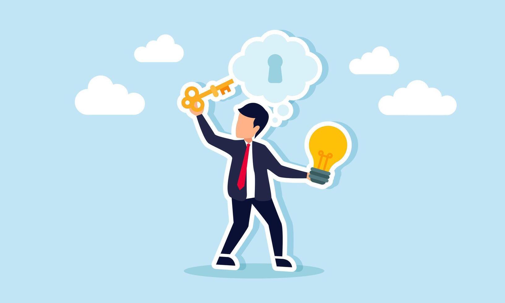 A businessman carries a light bulb and a key to insert into a keyhole in a cloud of imagination, illustration of business solutions use creative think about ideas and innovation vector