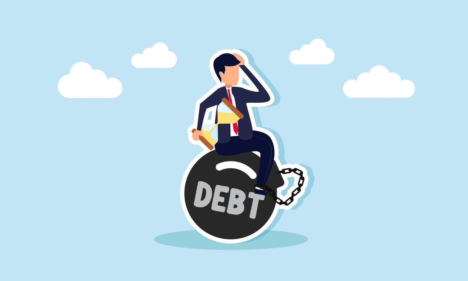 A businessman carrying an hourglass sits chained on a burden labeled DEBT, illustration of the deadline for debt payment vector