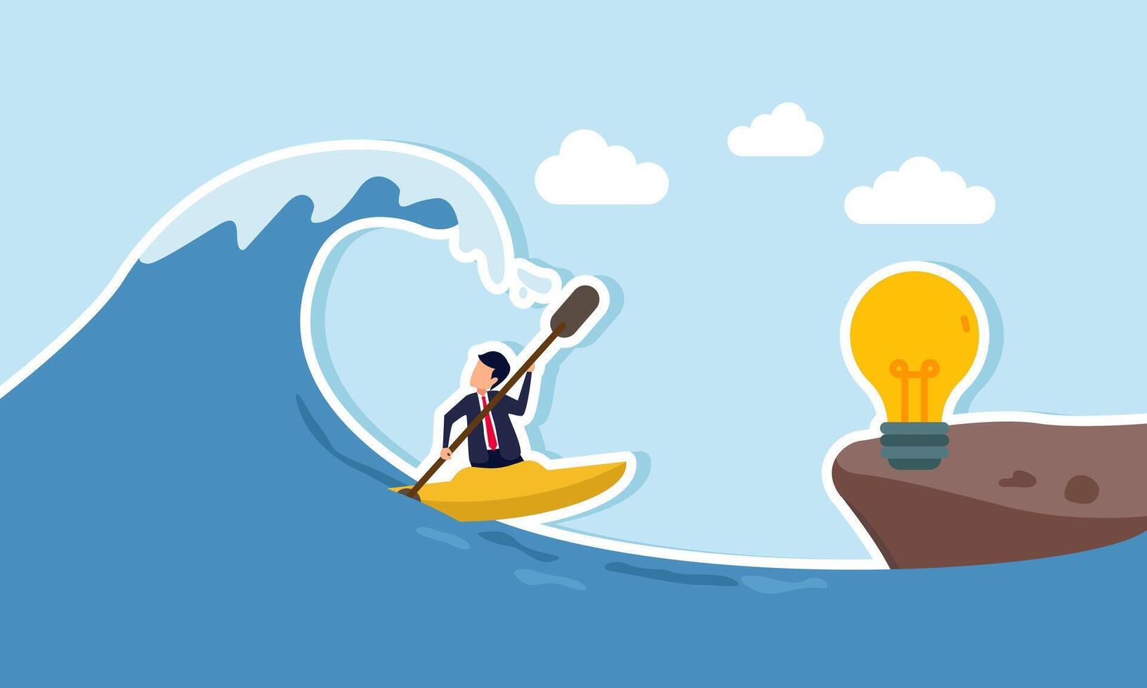 A businessman paddles a canoe, trying to avoid a big wave behind him to reach land with a lit lamp, illustration of solving problems with ideas and innovation vector