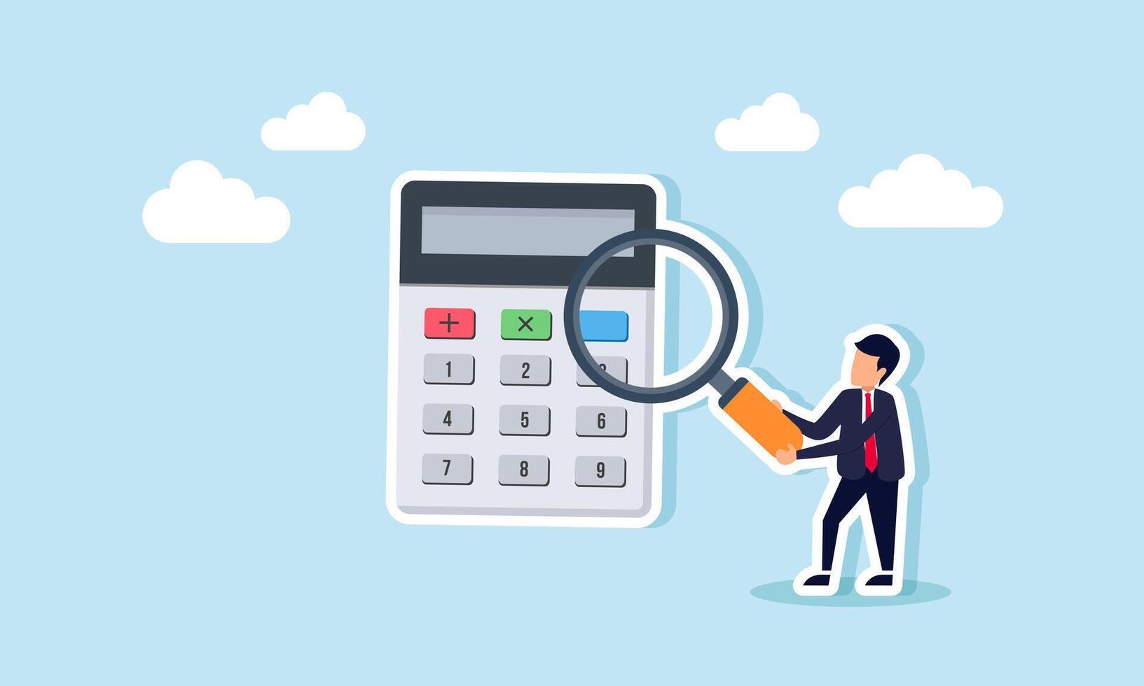 A businessman examines and researches a calculator using a magnifying glass, illustration of business performance calculation analysis and evaluation vector